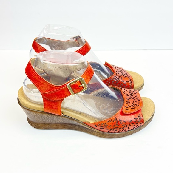 Romika Nevis 05 Red Leather Wedge Sandals Adjustable Straps & Cutout Size 8.5 - Picture 1 of 9